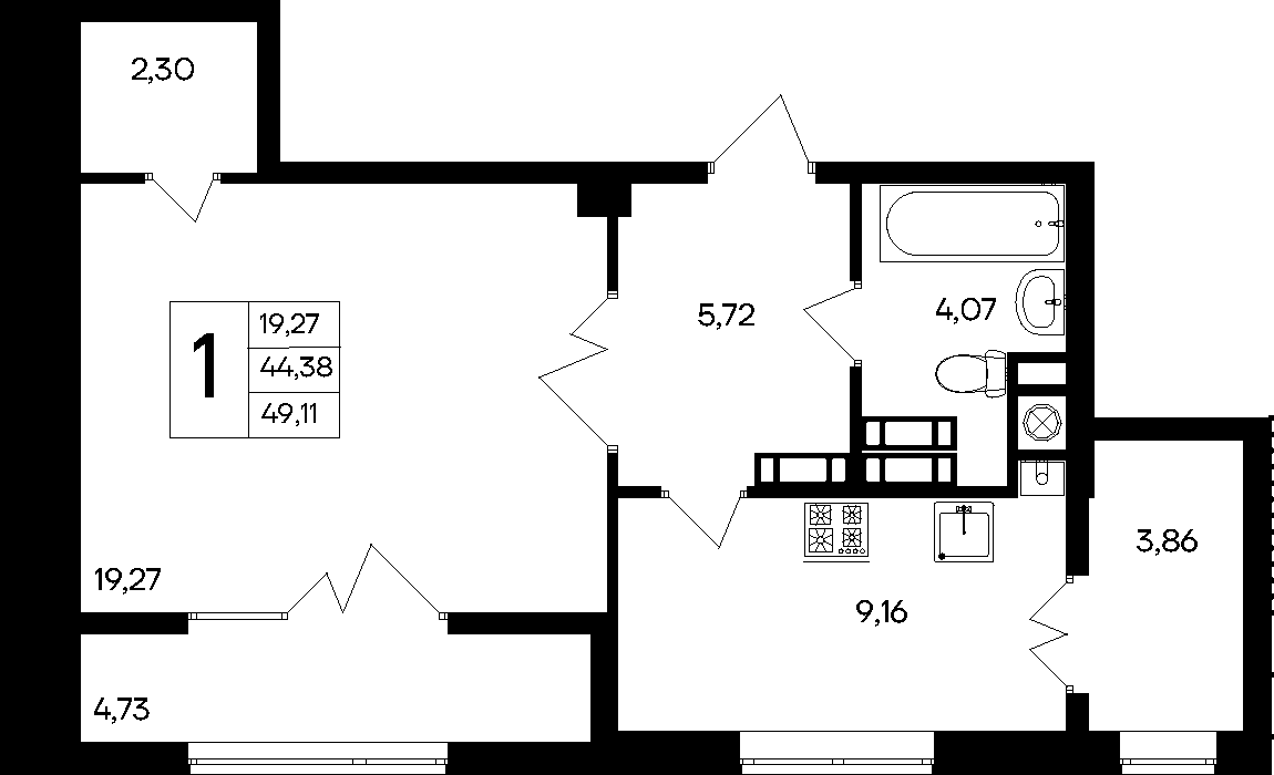 1-к, 49.11 м² · Парковые кварталы