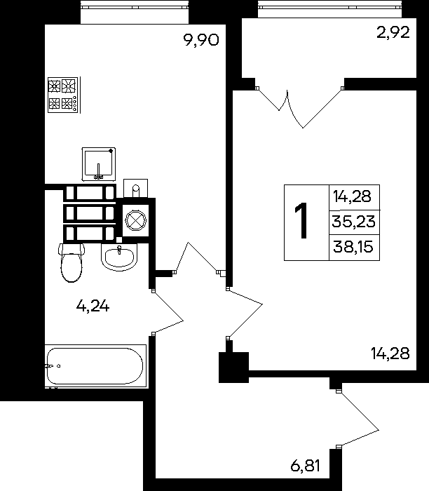 1-к, 38.15 м² · Парковые кварталы