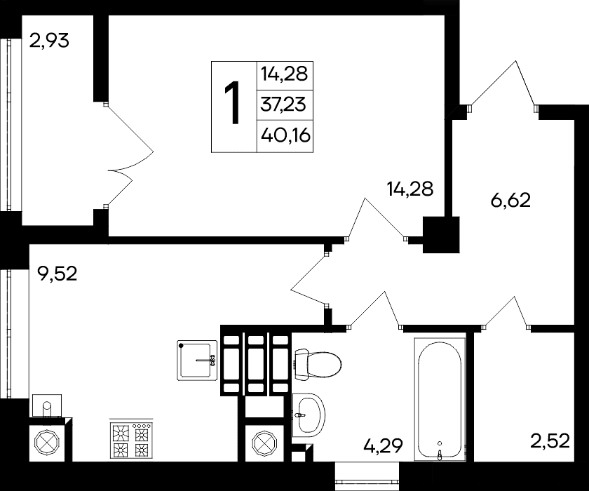 1-к, 40.16 м² · Парковые кварталы