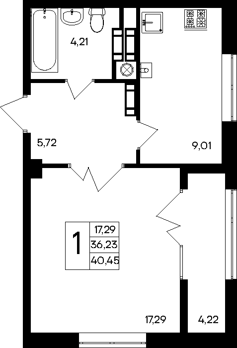 1-к, 40.45 м² · Парковые кварталы