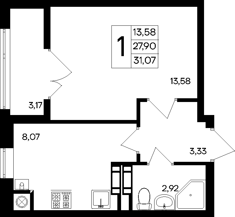 1-к, 31.07 м² · Парковые кварталы