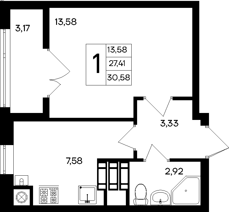 1-к, 30.58 м² · Парковые кварталы