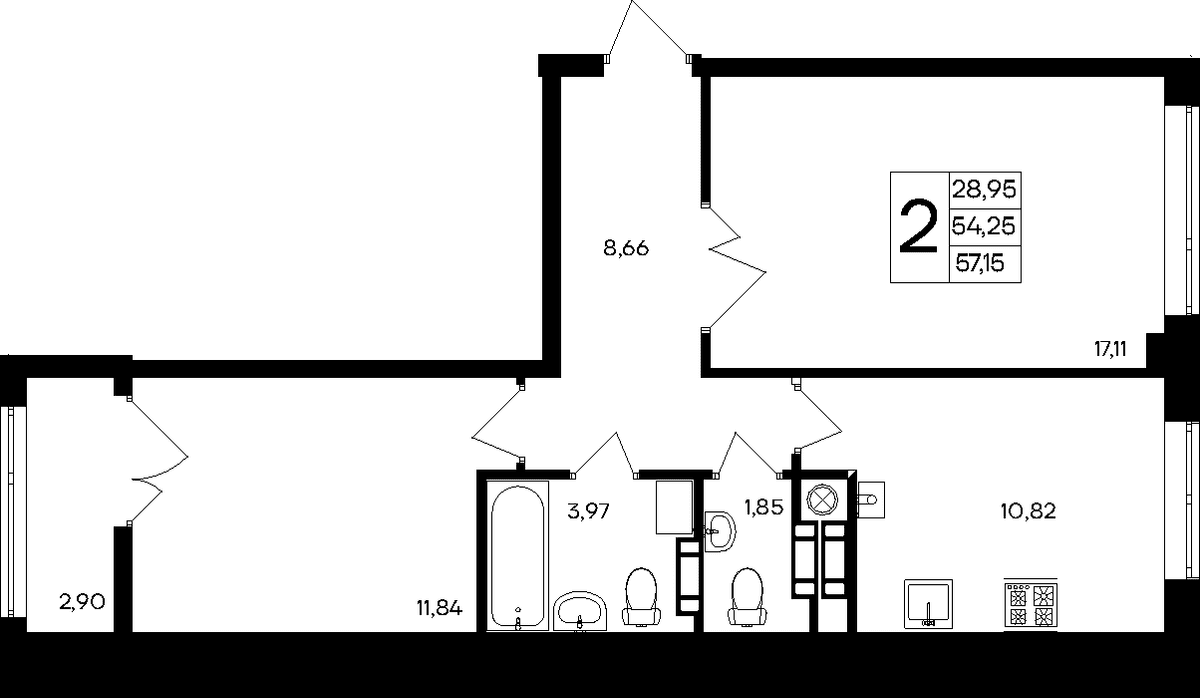 2-к, 57.15 м² · Парковые кварталы