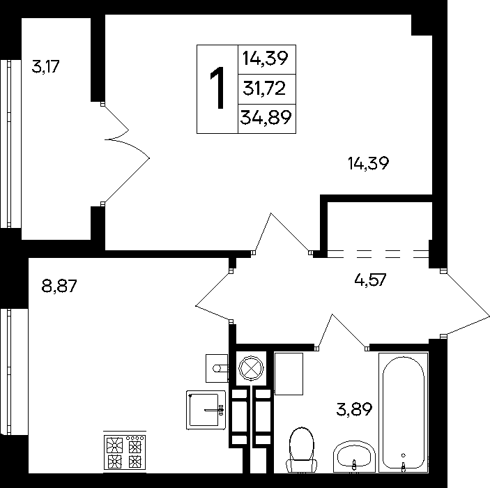 1-к, 34.89 м² · Парковые кварталы