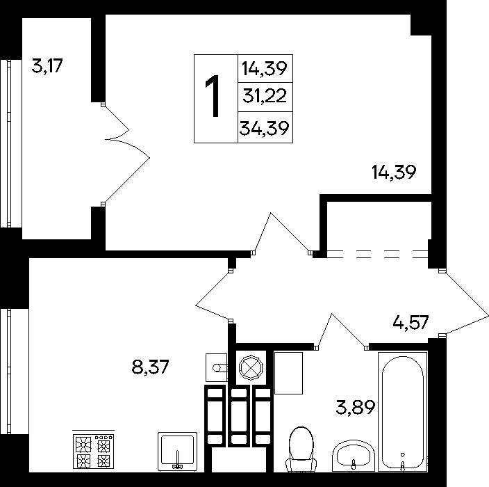 1-к, 34.89 м² · Парковые кварталы
