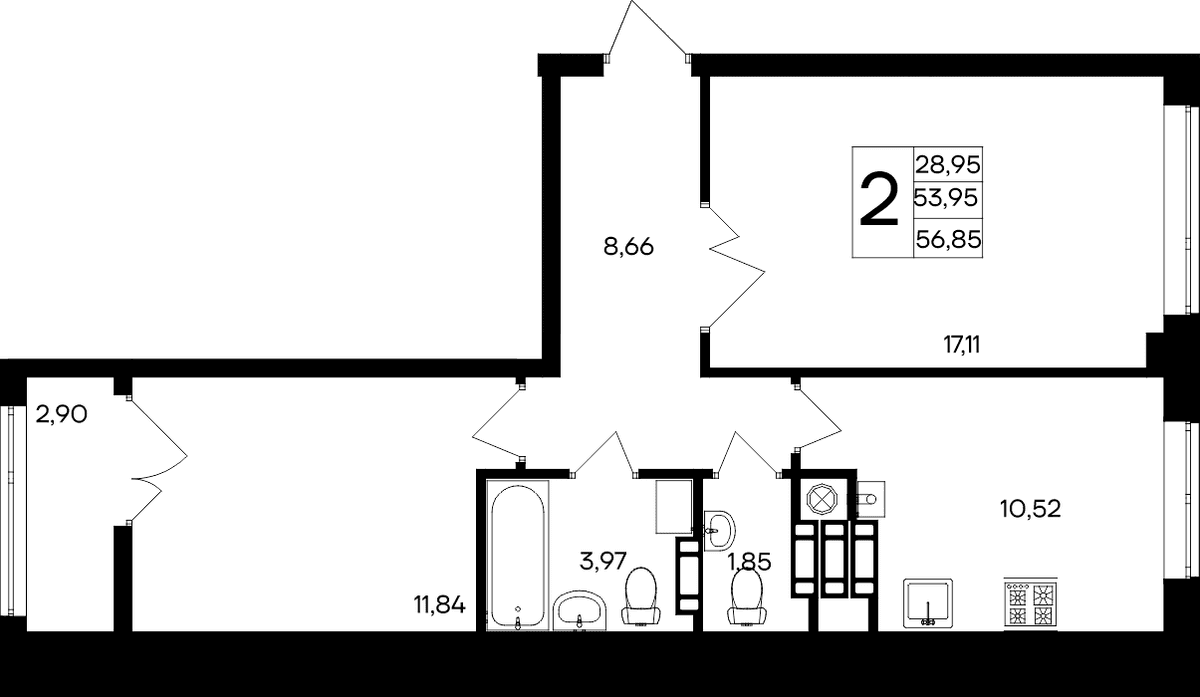 2-к, 56.85 м² · Парковые кварталы