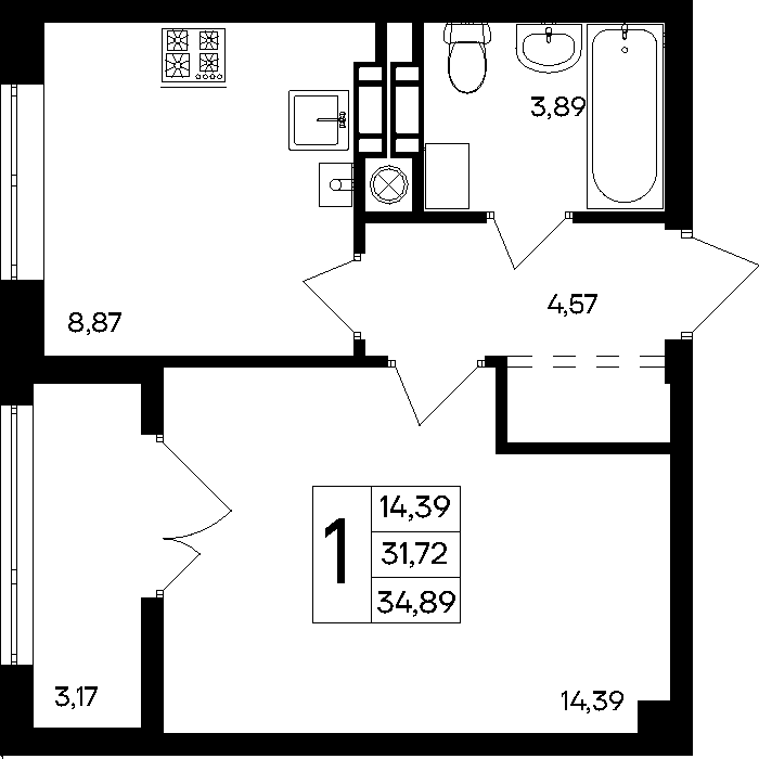 1-к, 34.39 м² · Парковые кварталы