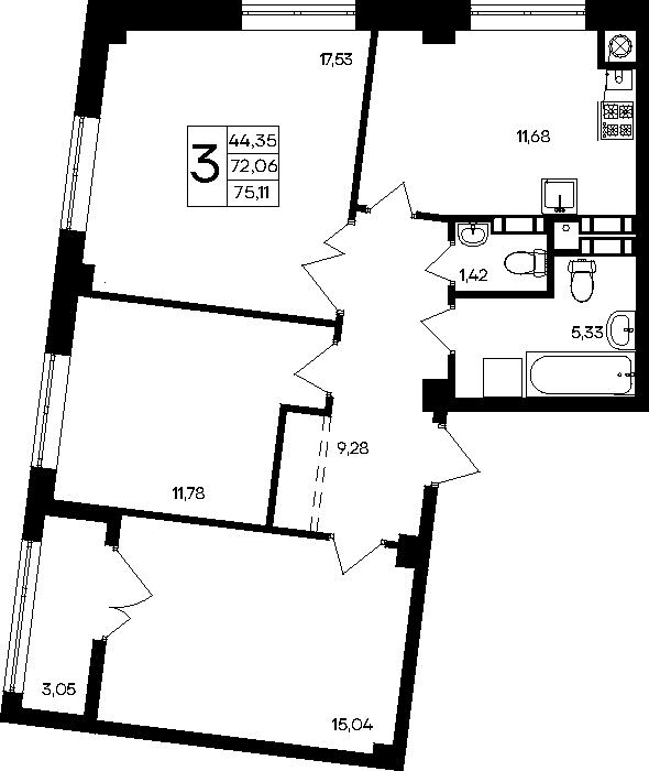 3-к, 75.11 м² · Парковые кварталы