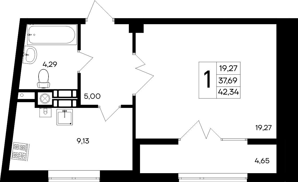 1-к, 42.34 м² · Парковые кварталы