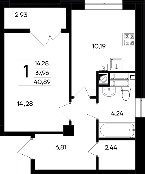 1-к, 40.89 м² · Парковые кварталы