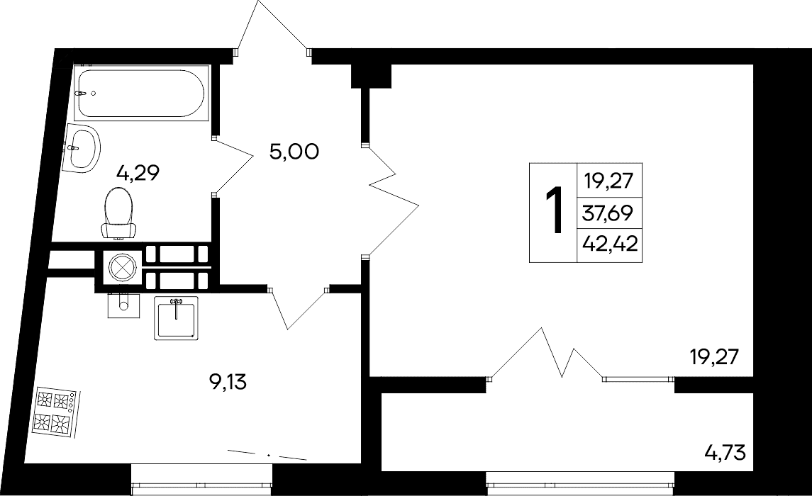 1-к, 42.42 м² · Парковые кварталы