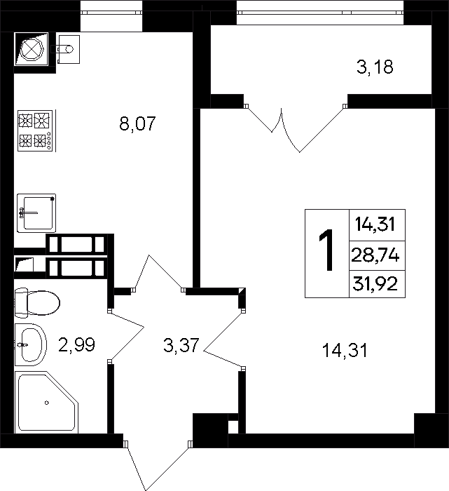 1-к, 31.92 м² · Парковые кварталы