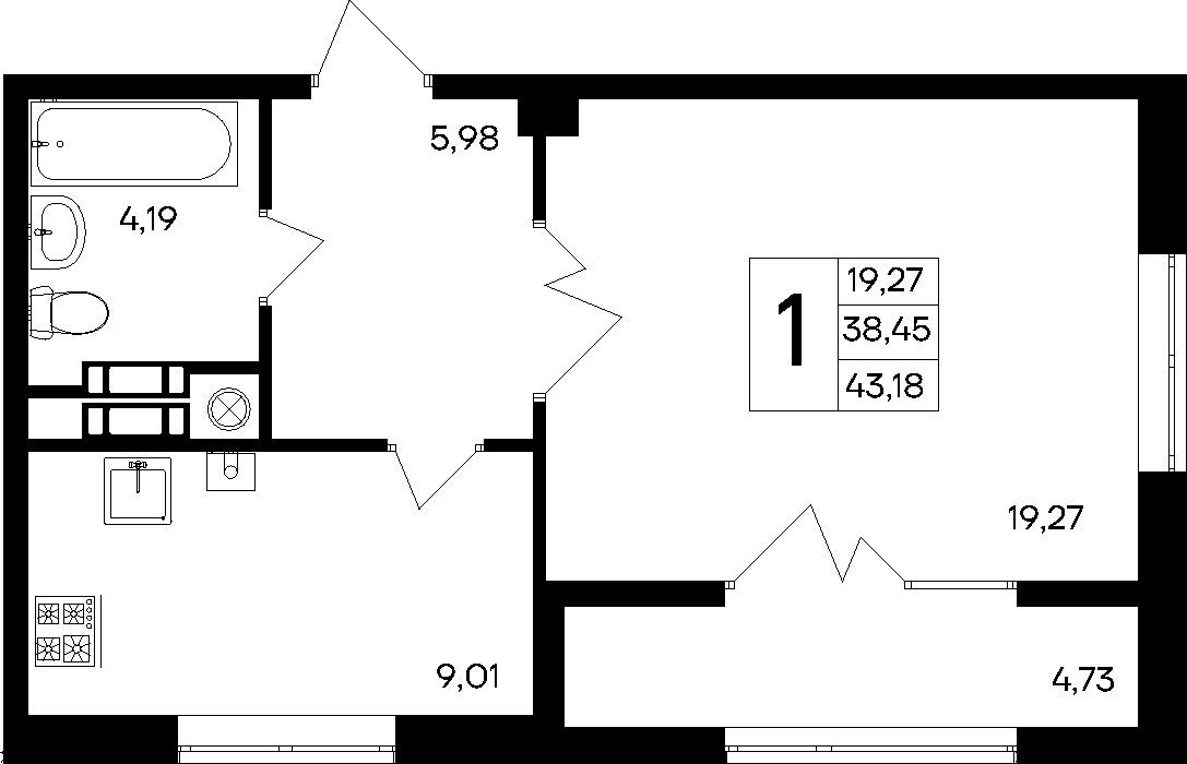 1-к, 43.18 м² · Парковые кварталы