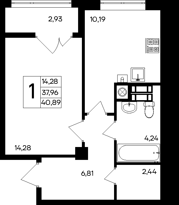1-к, 40.89 м² · Парковые кварталы