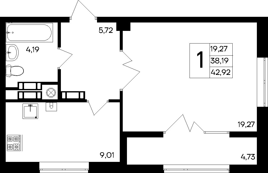 1-к, 42.92 м² · Парковые кварталы