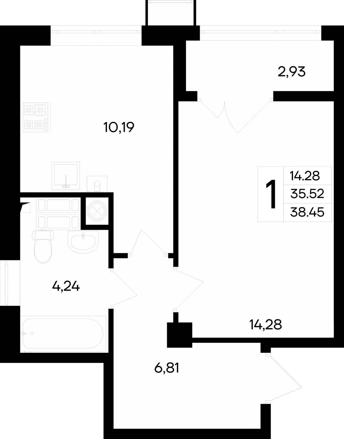 1-к, 38.45 м² · Парковые кварталы