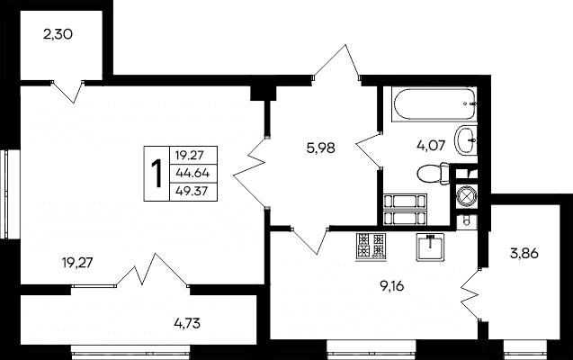 1-к, 49.37 м² · Парковые кварталы