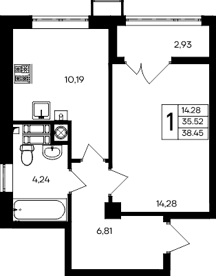 1-к, 38.45 м² · Парковые кварталы