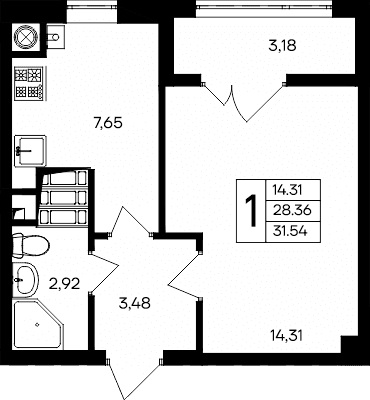 1-к, 31.54 м² · Парковые кварталы