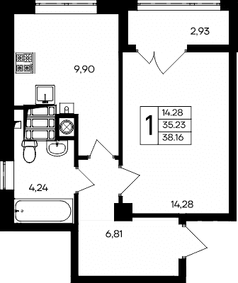 1-к, 38.16 м² · Парковые кварталы