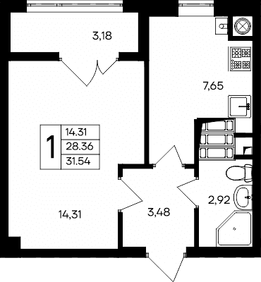 1-к, 31.54 м² · Парковые кварталы