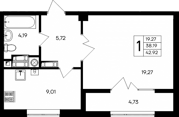 1-к, 42.92 м² · Парковые кварталы
