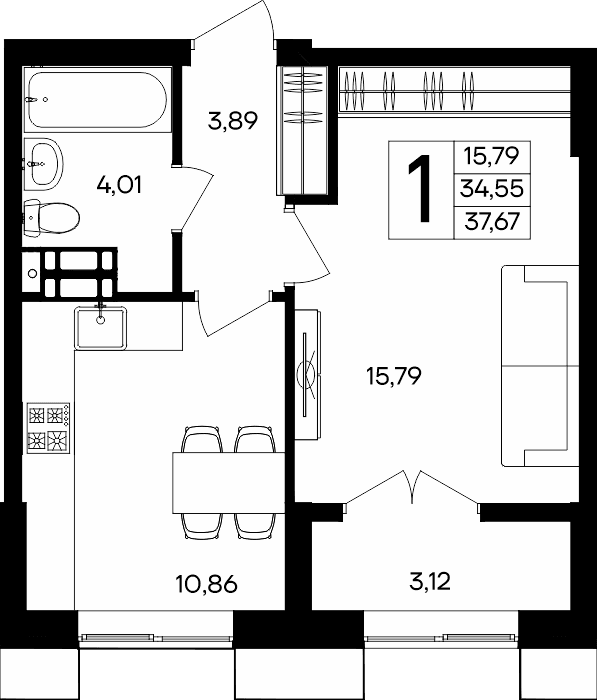 1-к, 37.67 м² · Семисчастье