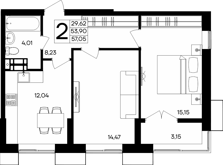 2-к, 57.05 м² · Семисчастье
