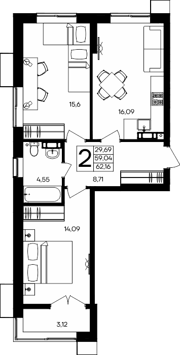 2-к, 62.16 м² · Семисчастье