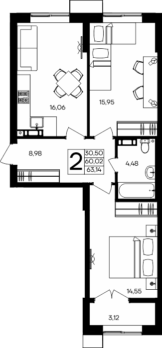 2-к, 63.14 м² · Семисчастье