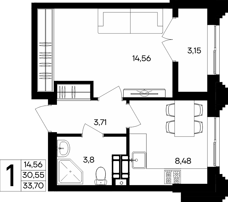 1-к, 33.7 м² · Семисчастье
