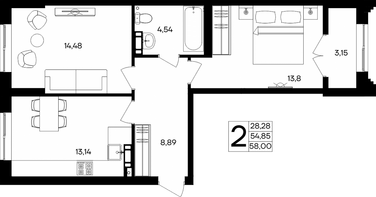 2-к, 58 м² · Семисчастье