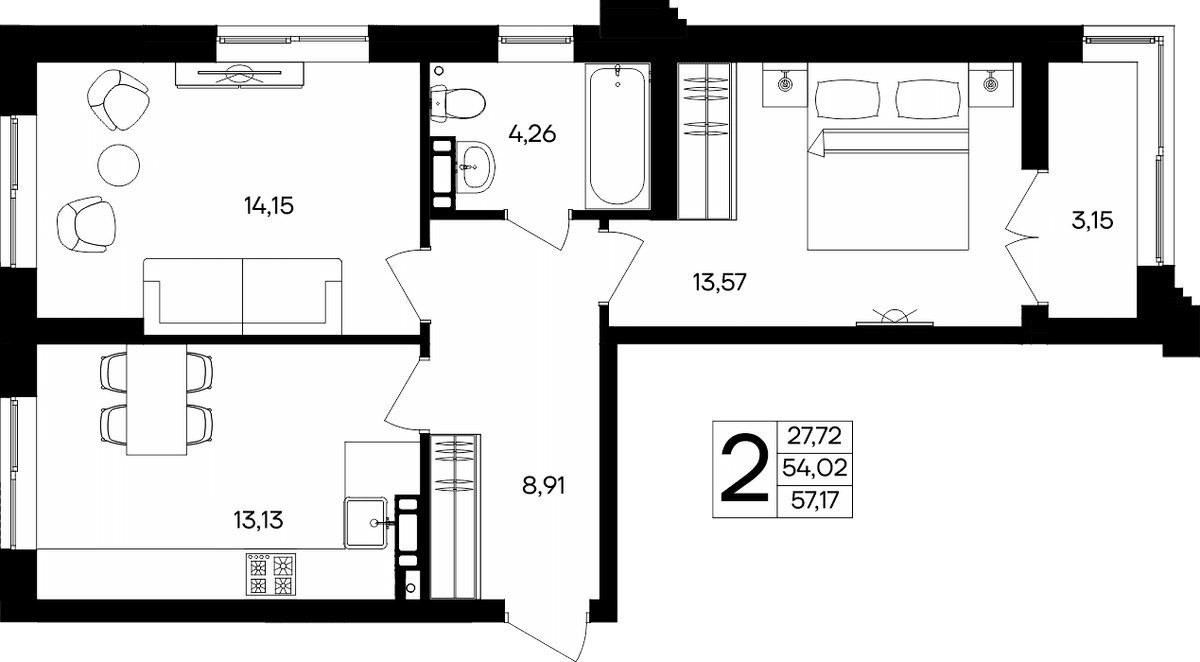 2-к, 57.17 м² · Семисчастье
