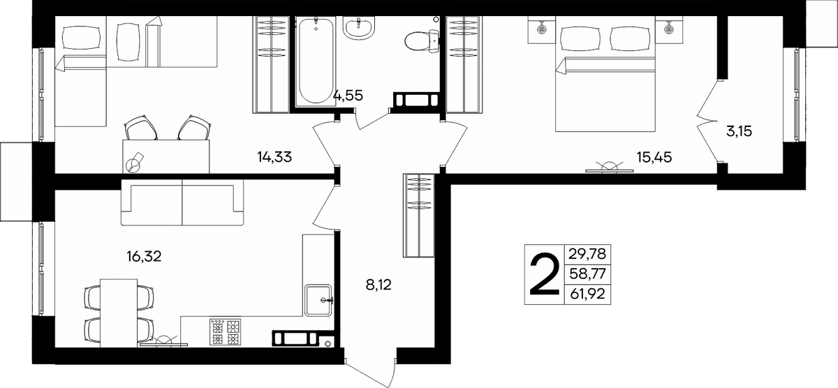 2-к, 61.92 м² · Семисчастье
