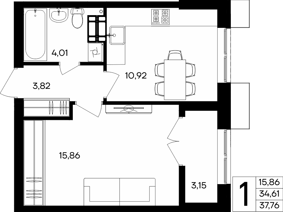 1-к, 37.76 м² · Семисчастье