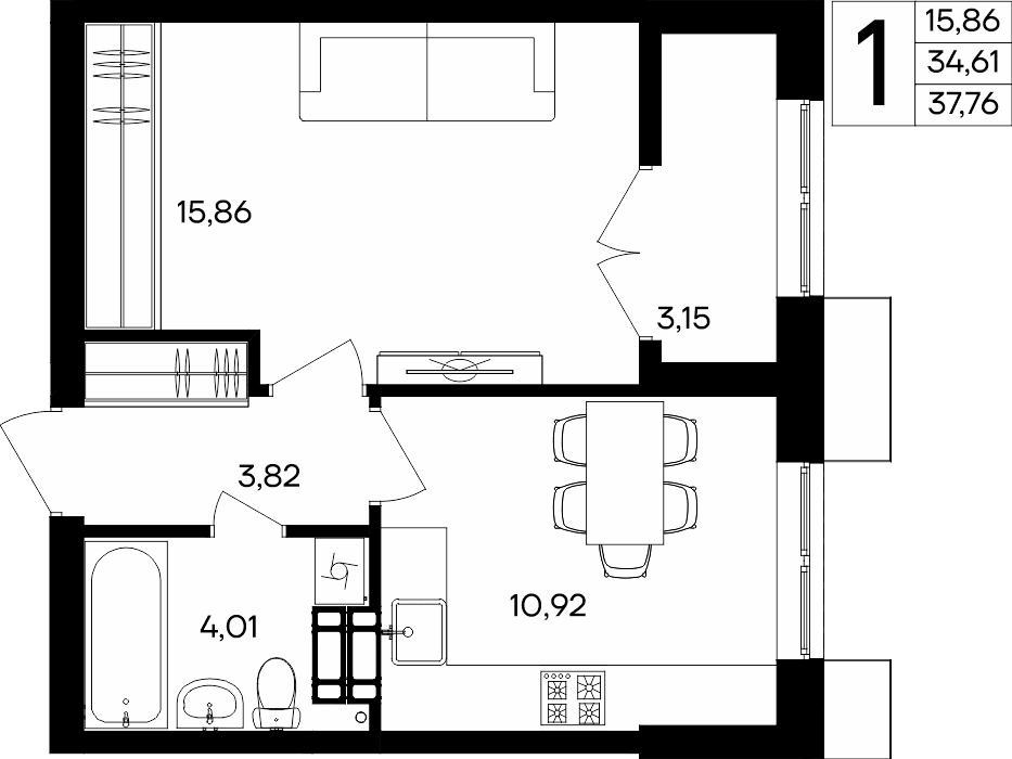 1-к, 37.76 м² · Семисчастье