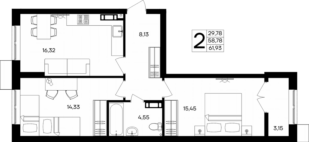 2-к, 61.93 м² · Семисчастье