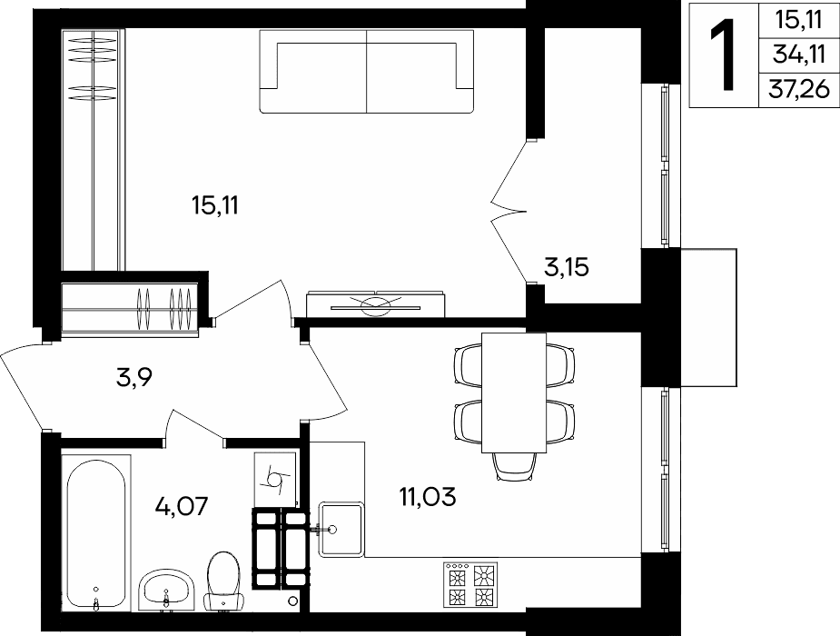 1-к, 37.26 м² · Семисчастье