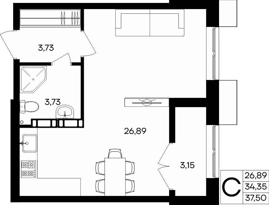 Студия, 37.5 м² · Семисчастье