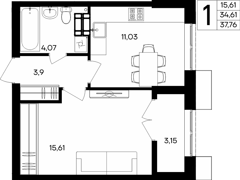 1-к, 37.76 м² · Семисчастье