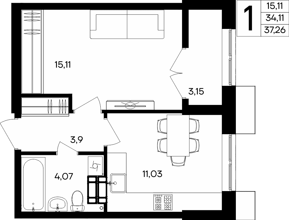 1-к, 37.26 м² · Семисчастье