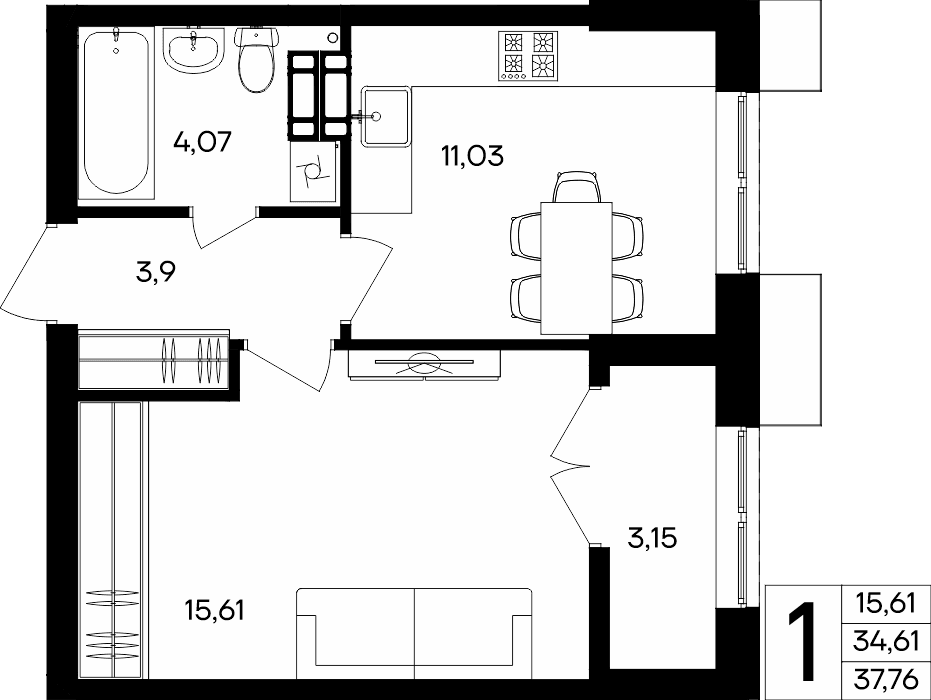 1-к, 37.76 м² · Семисчастье