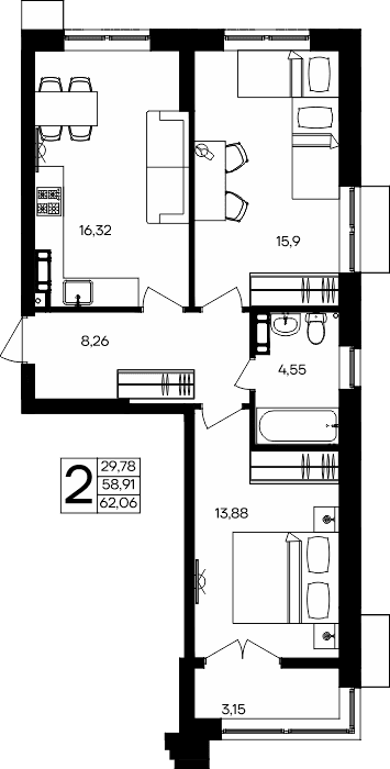 2-к, 62.06 м² · Семисчастье