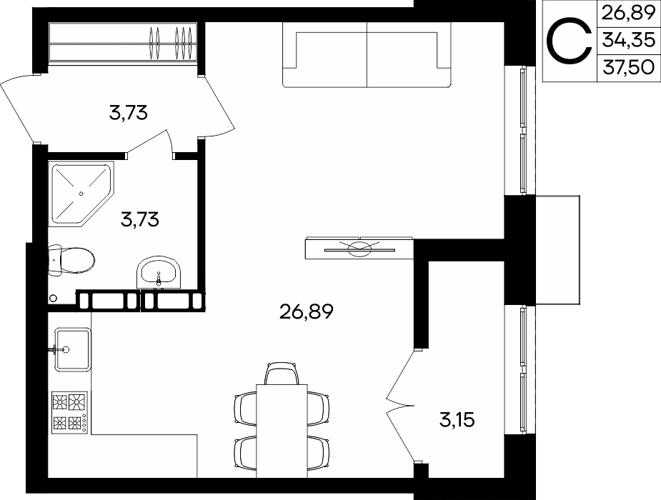 Студия, 37.5 м² · Семисчастье