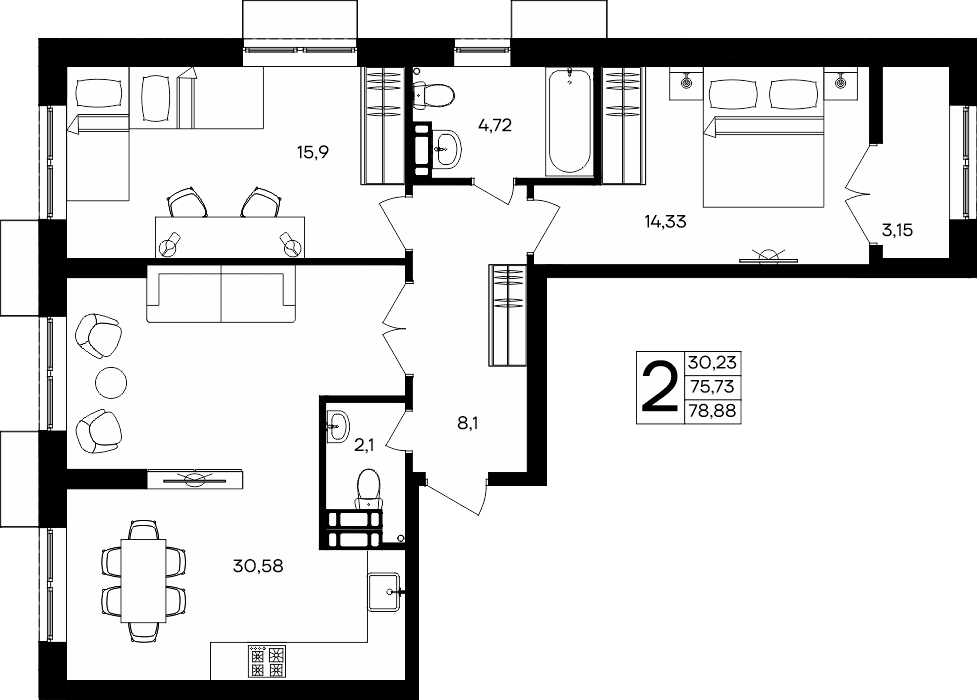 2-к, 78.88 м² · Семисчастье