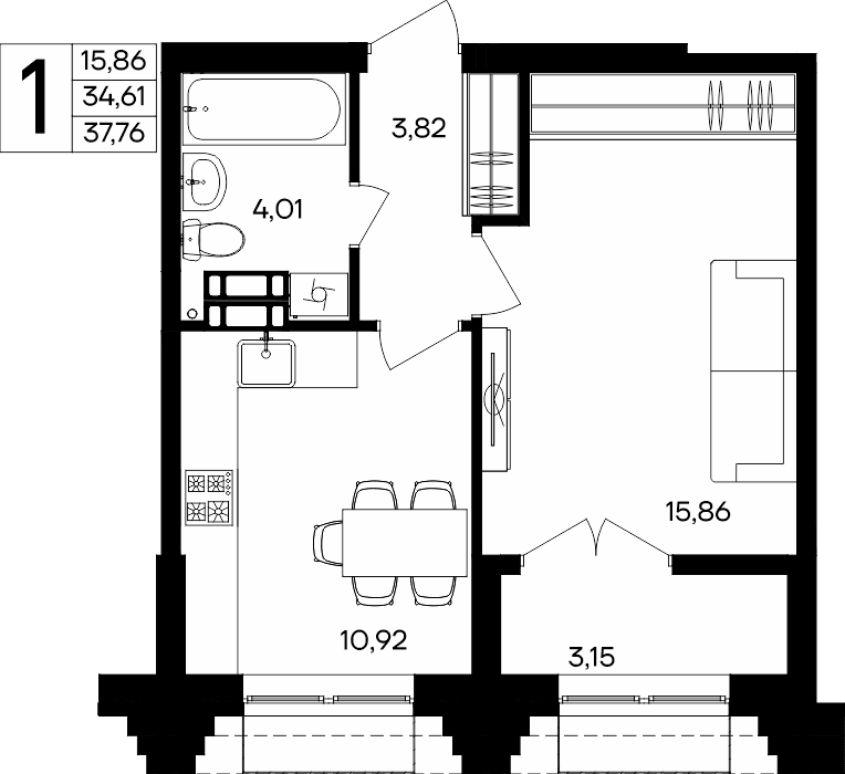 1-к, 37.76 м² · Семисчастье