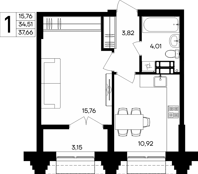 1-к, 37.66 м² · Семисчастье