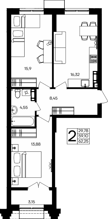 2-к, 62.25 м² · Семисчастье