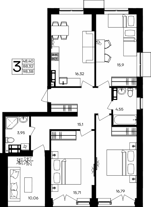 3-к, 98.38 м² · Семисчастье
