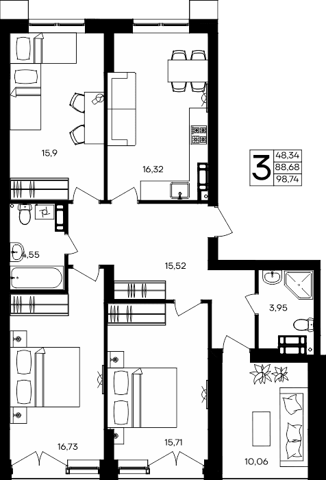 3-к, 98.74 м² · Семисчастье